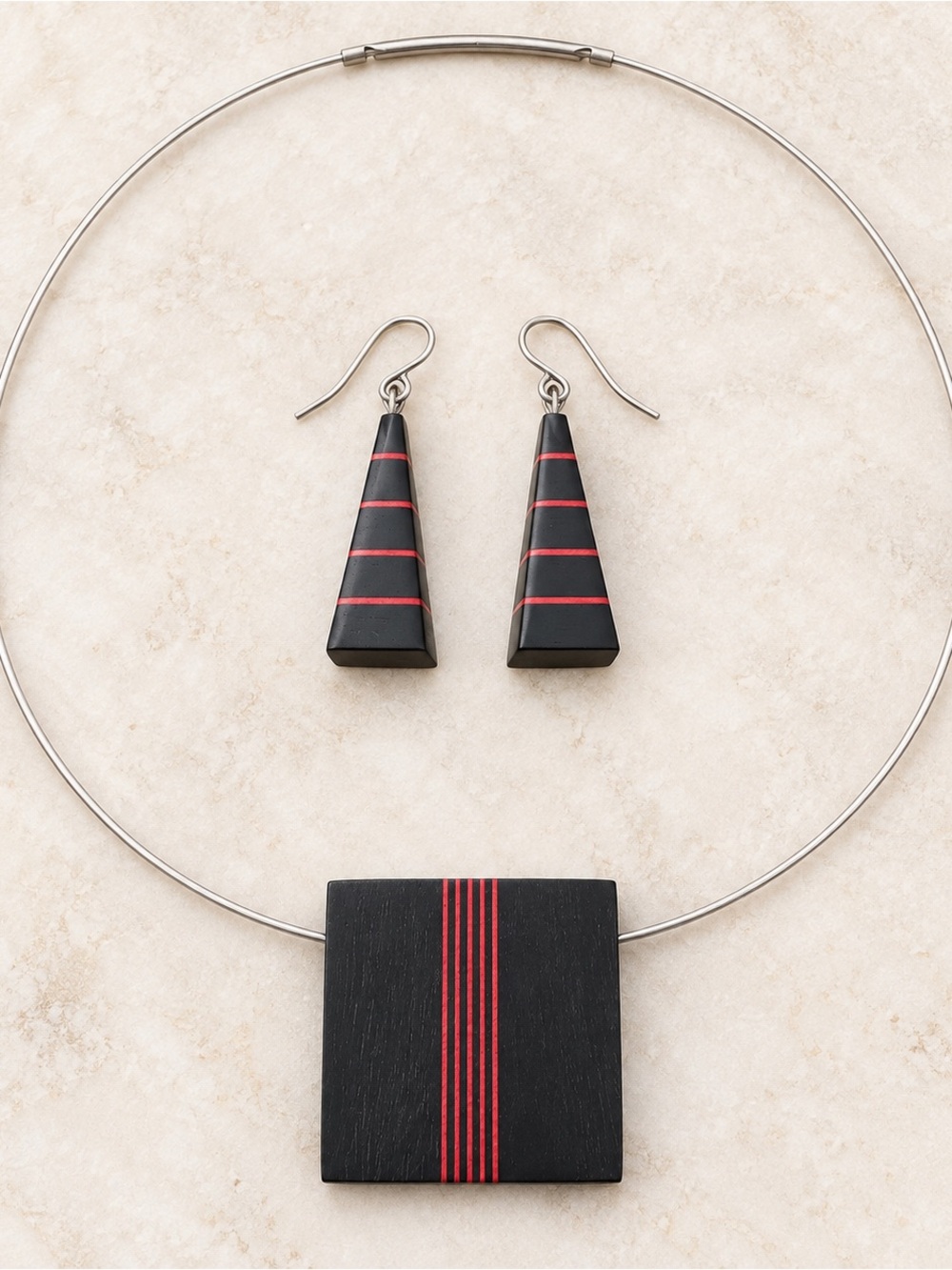 Black & Red Geometric Necklace + Earrings Set Modern Artisan Jewelry
